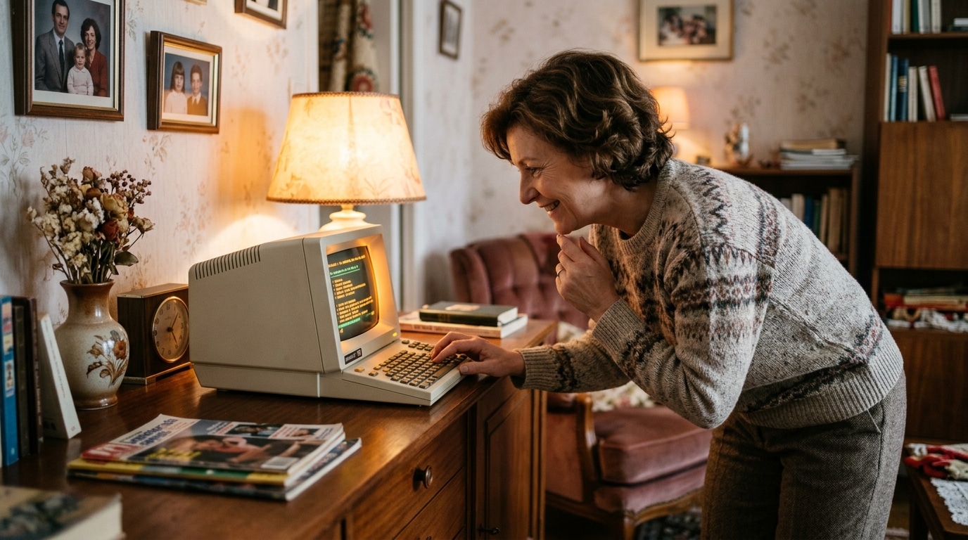 Minitel beige posé sur un meuble, écran allumé