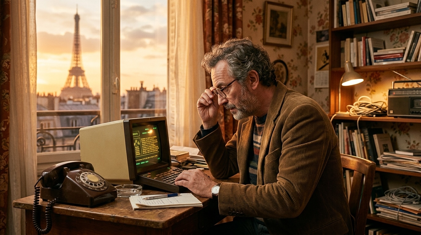 Homme consultant son Minitel à côté d'un téléphone à cadran