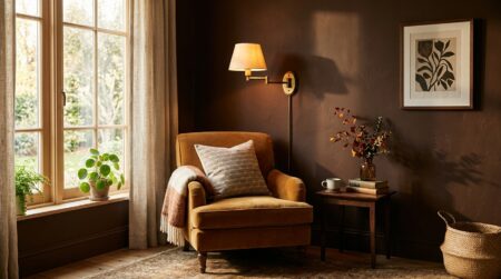 Mur peint en brun chocolat dans salon lumineux