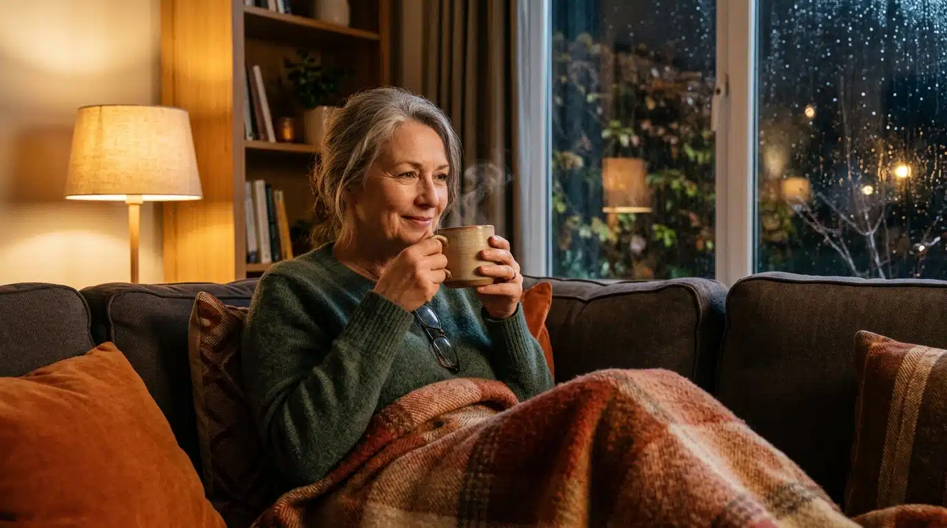 Femme sous un plaid buvant un lait chaud le soir