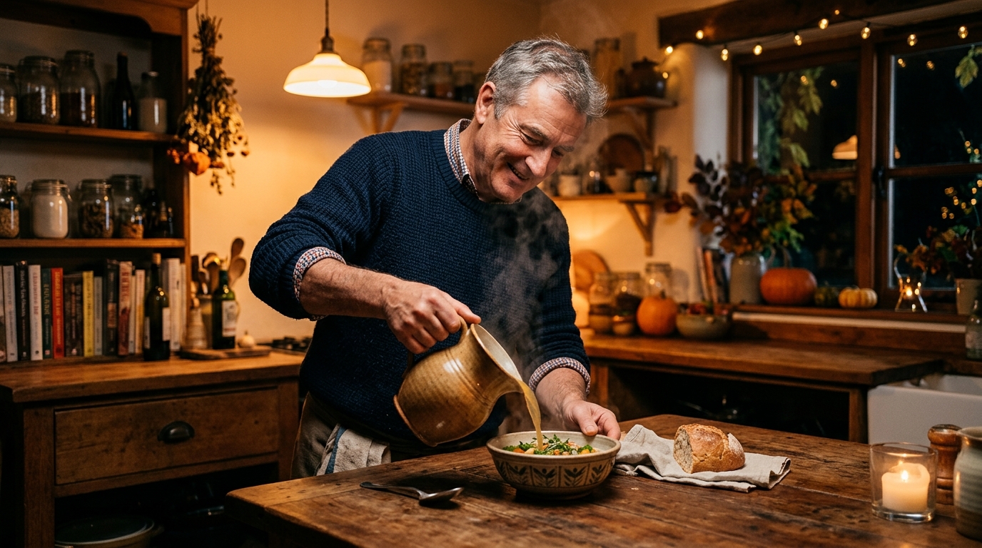 Homme préparant un bouillon léger le soir en automne