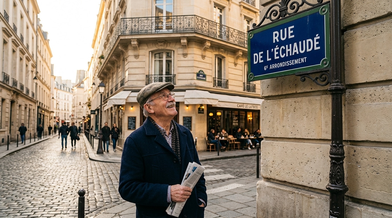 Passant levant les yeux vers une plaque de rue à Paris