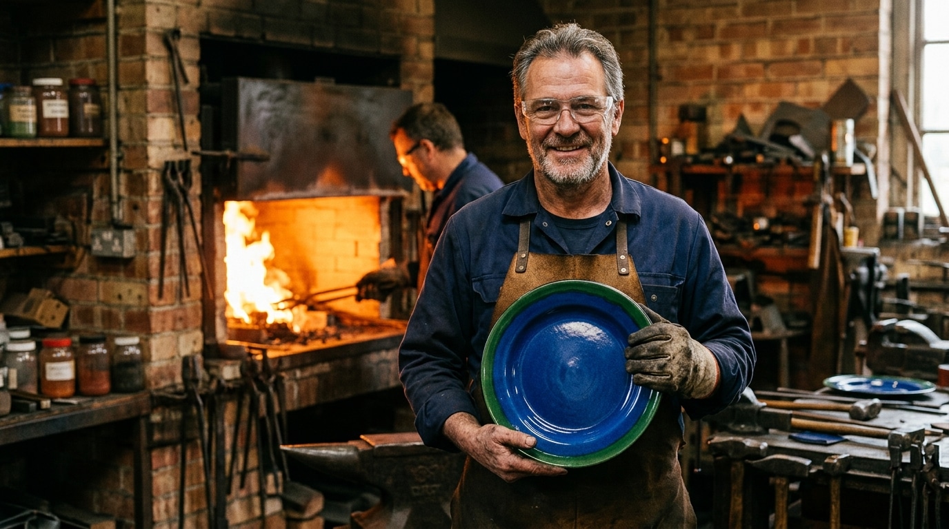 Artisan tenant une plaque émaillée bleue à liseré vert