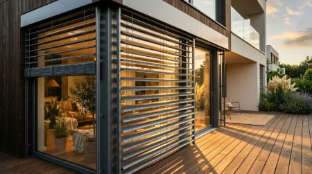 Façade avec brise-soleil orientable aux lames inclinées