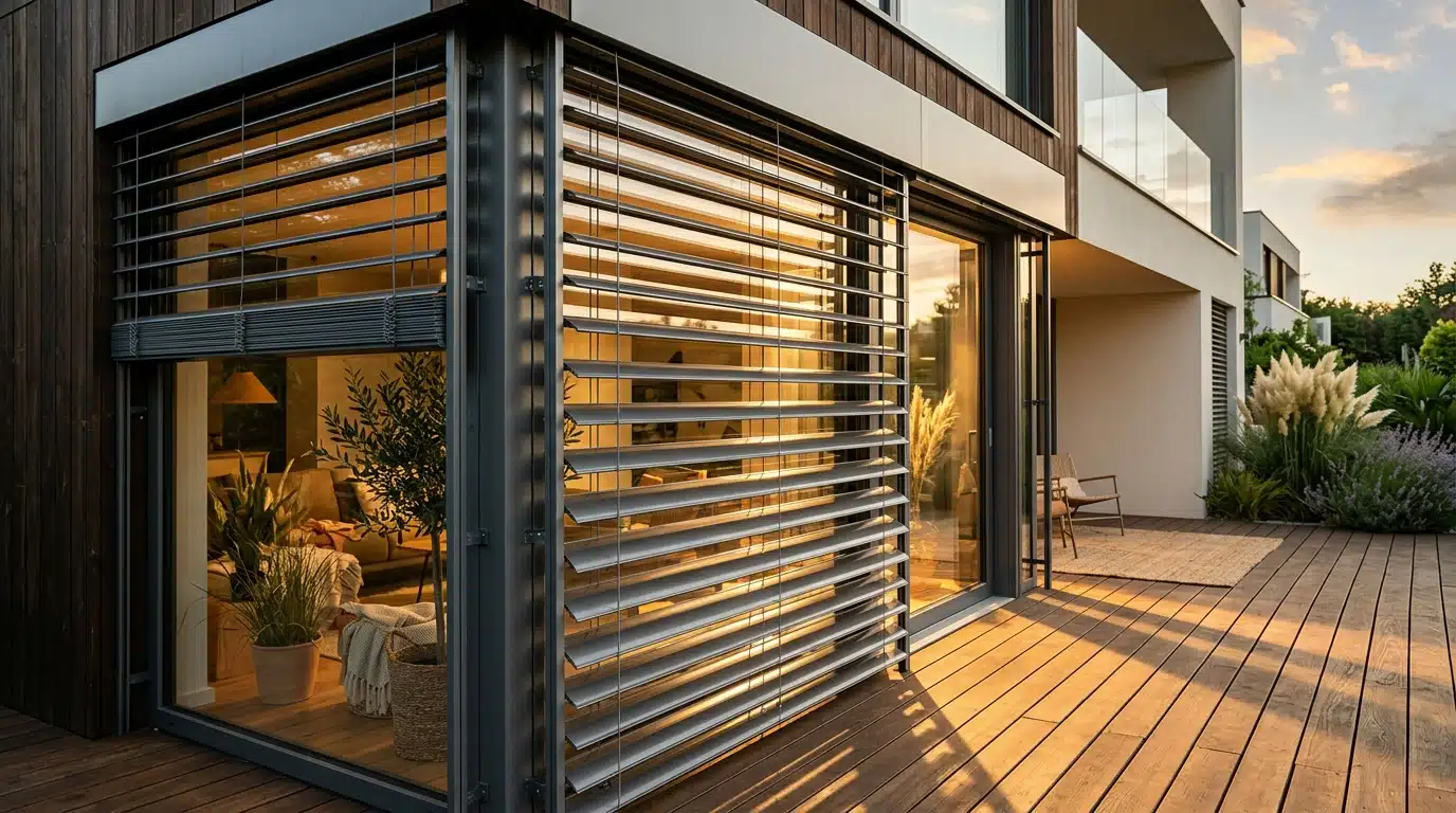 Façade avec brise-soleil orientable aux lames inclinées