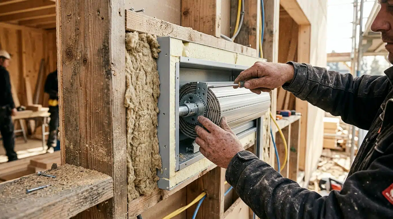 Détail du coffre encastré dans un mur en construction
