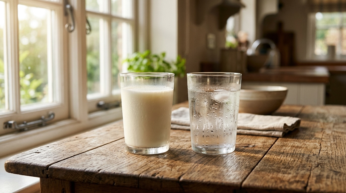 Verre de lait et verre d'eau côte à côte le matin