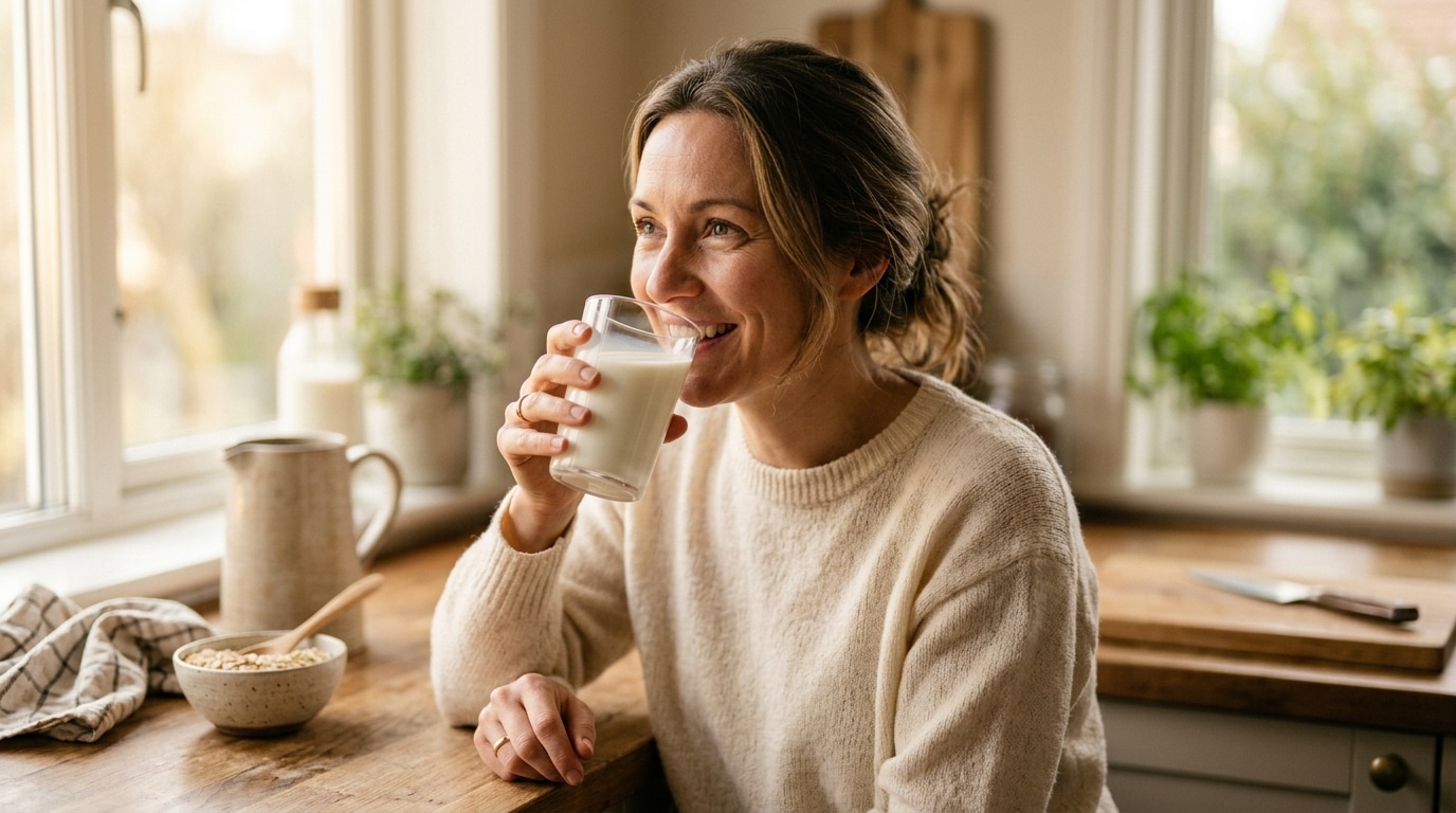Personne surprise buvant un verre de lait
