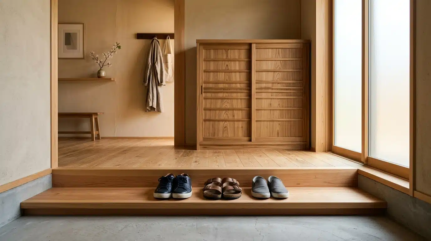 Entrée japonaise épurée avec trois paires de chaussures rangées
