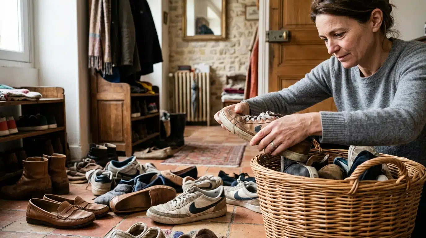 Personne triant des chaussures dans un panier en osier
