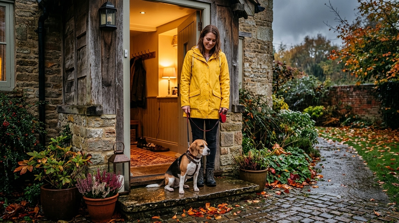Propriétaire et chien hésitant sur le seuil sous la pluie