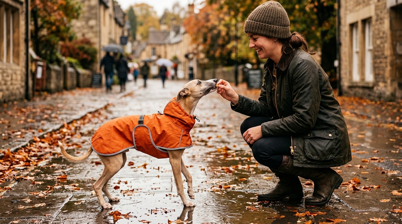 Chien en manteau de pluie orange recevant une friandise