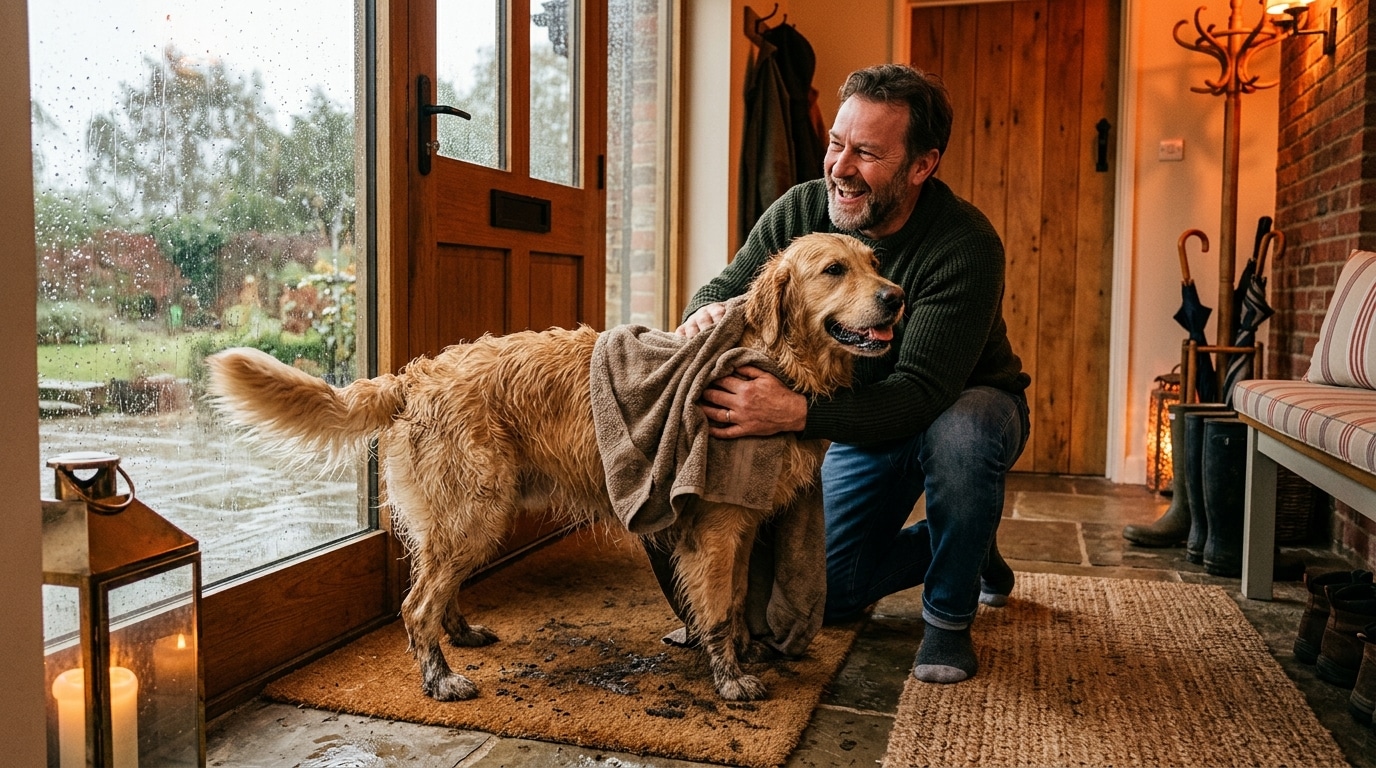 Homme séchant son golden retriever avec une serviette