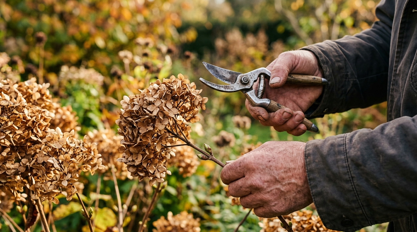Mains coupant des fleurs fanées d'hortensia en automne