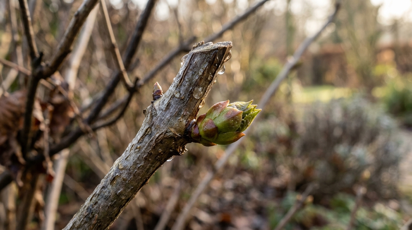 Bourgeon vert visible sur une tige d'hortensia en hiver