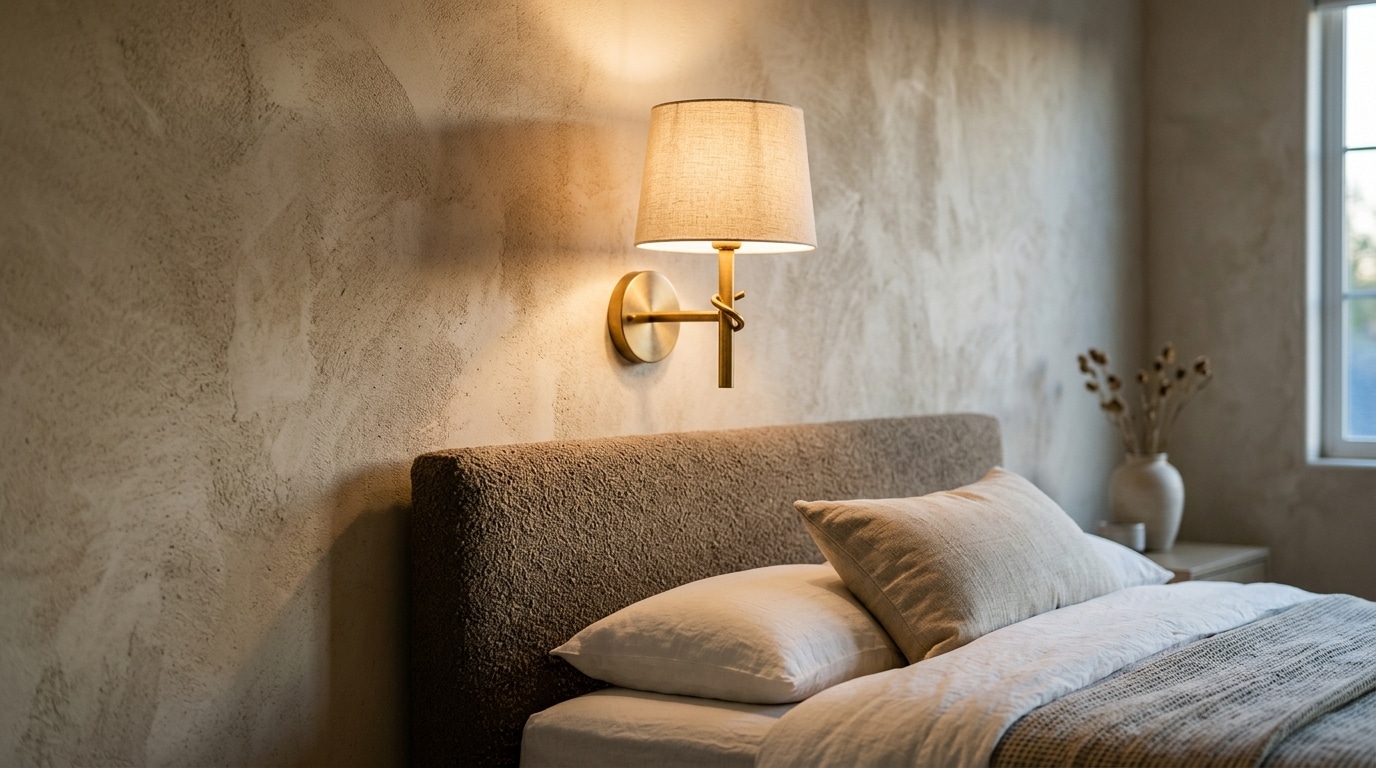 Applique murale dorée au-dessus d'une tête de lit