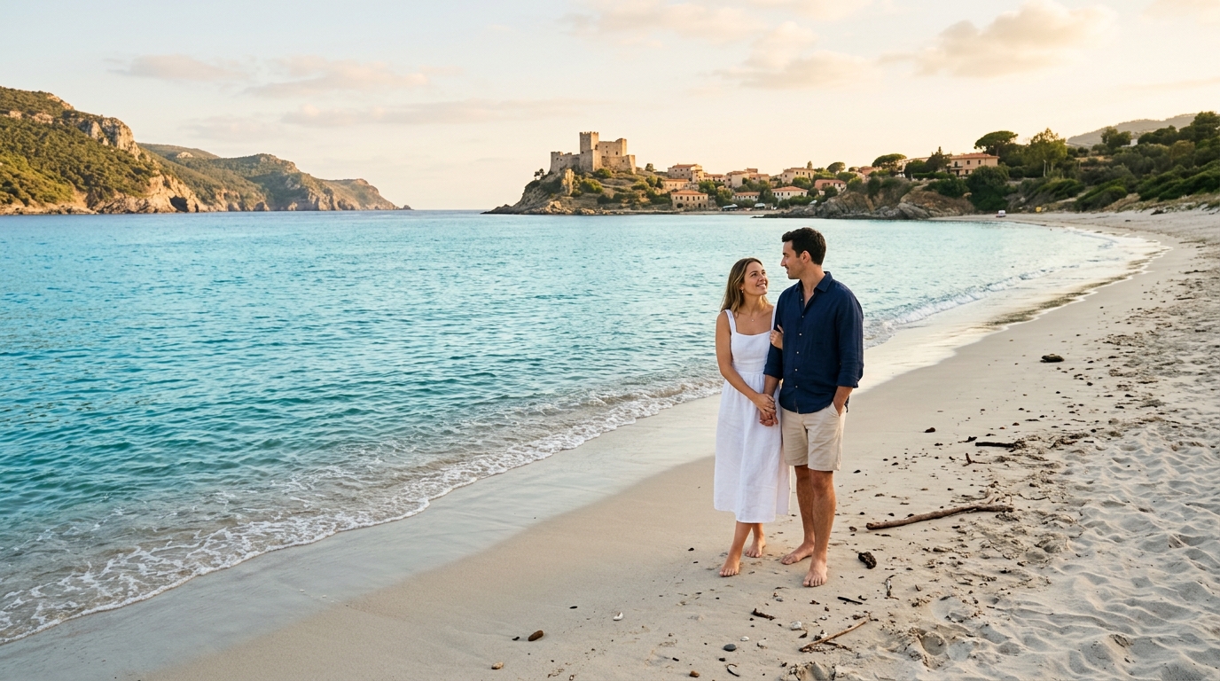 Couple pieds nus sur le sable de la plage de Tahiti en Bretagne