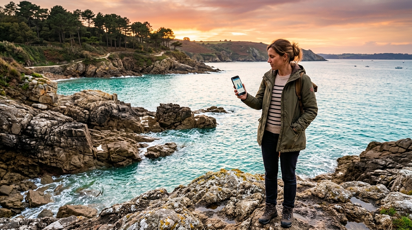 Touriste consultant les horaires de marée près de Carantec