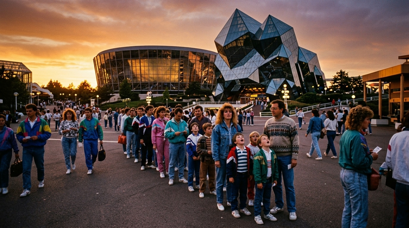 Visiteurs devant les pavillons géométriques du Futuroscope dans les années 80