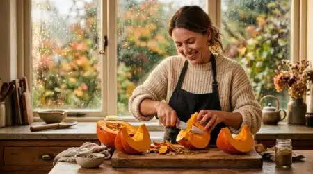 Femme épluchant un potiron dans une cuisine chaleureuse