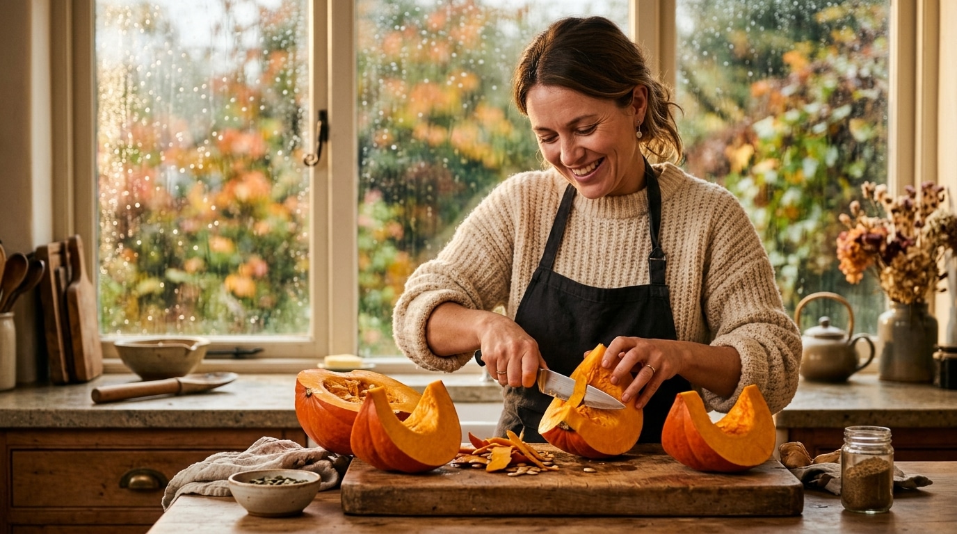Femme épluchant un potiron dans une cuisine chaleureuse