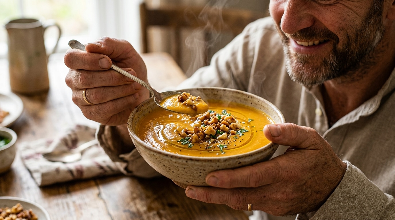 Velouté de potiron aux châtaignes dorées croustillantes