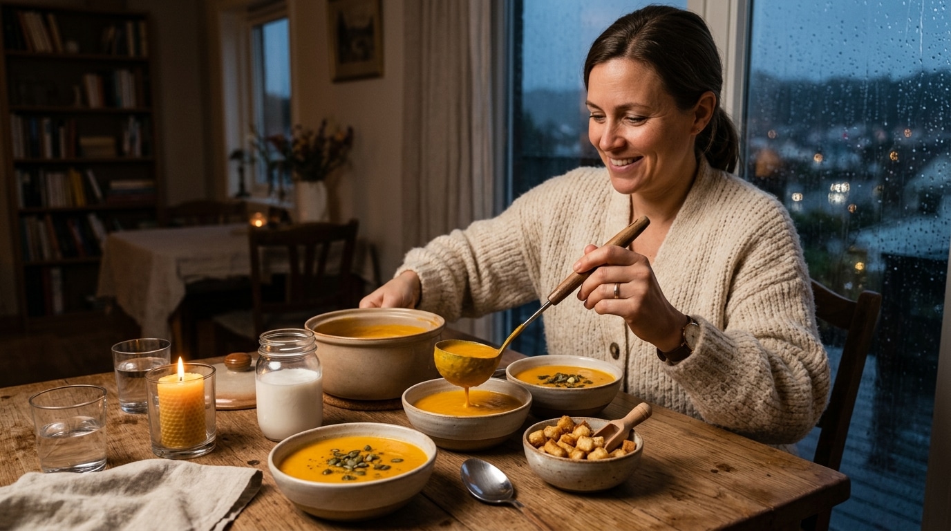 Bols de velouté de potiron avec croûtons maison sur une table