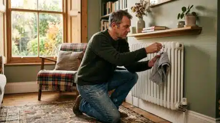 Homme qui purge un radiateur avec une clé