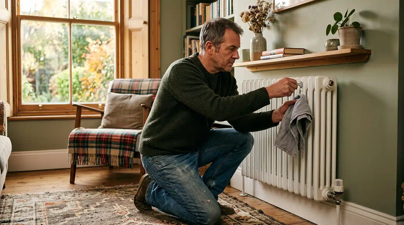 Homme qui purge un radiateur avec une clé
