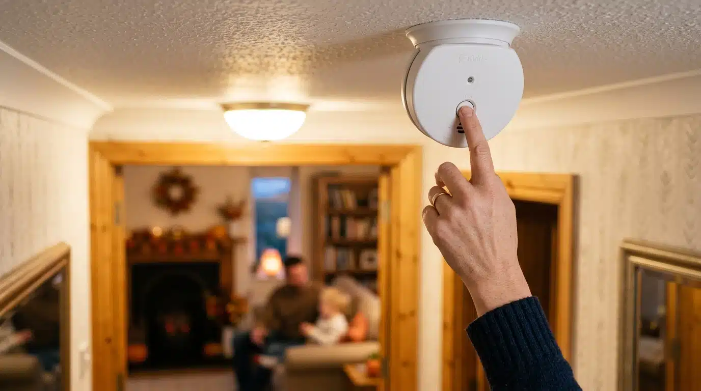 Main qui teste un détecteur de fumée au plafond
