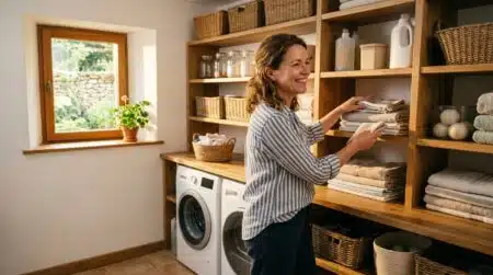 Femme range du linge dans un cellier ventilé moderne