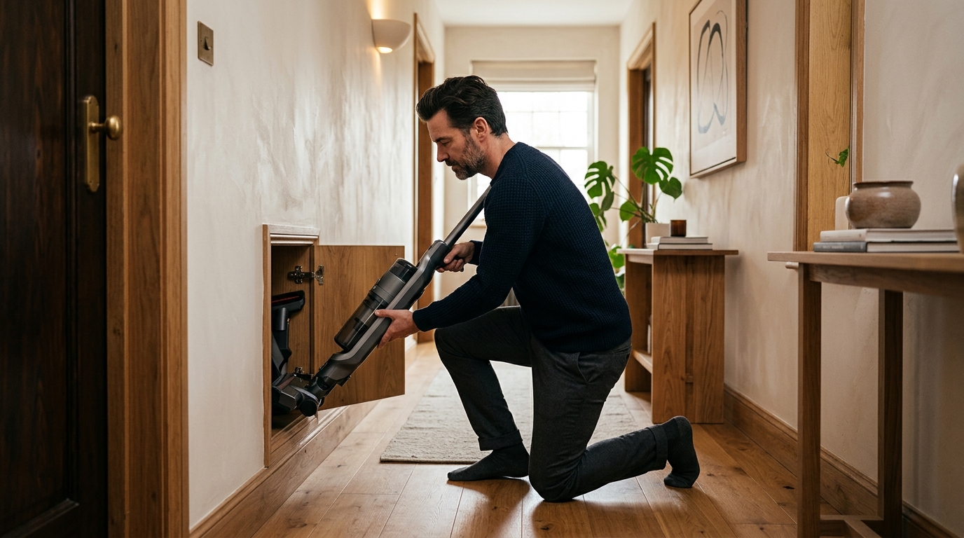 Homme range un aspirateur dans une niche murale