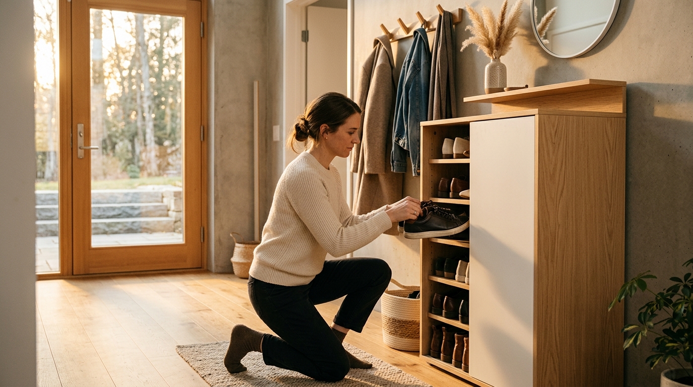 Femme organise ses chaussures dans un rangement vertical d'entrée