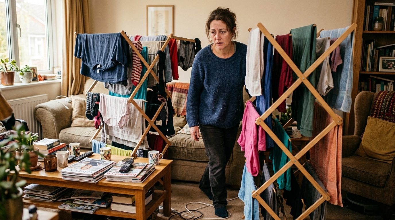 Salon encombré par un étendoir à linge classique
