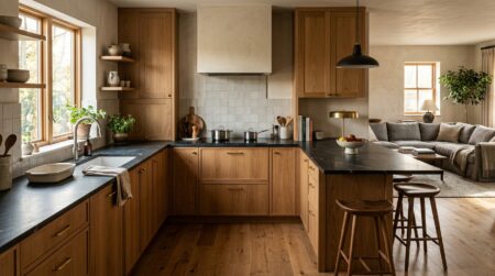 Cuisine ouverte en U avec plans de travail en bois
