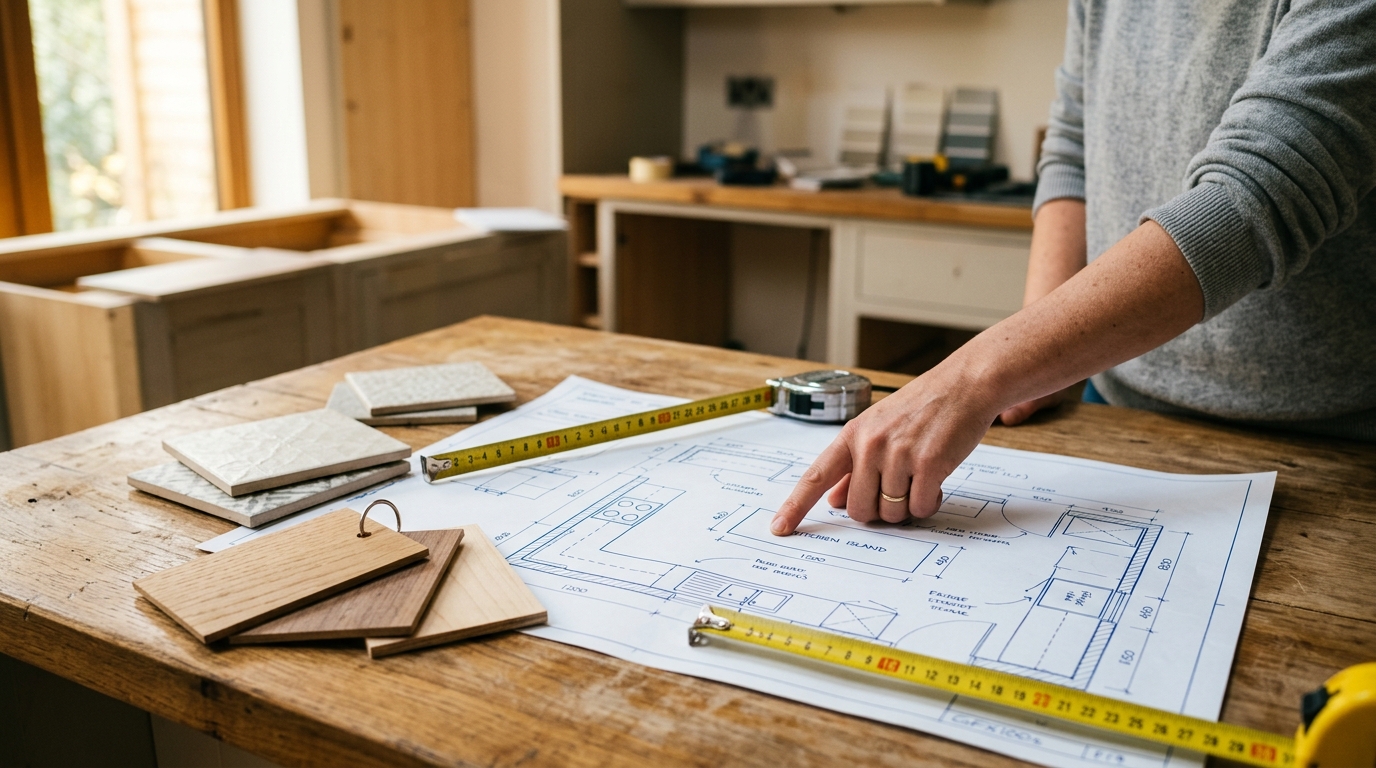 Main pointant un plan de rénovation de cuisine