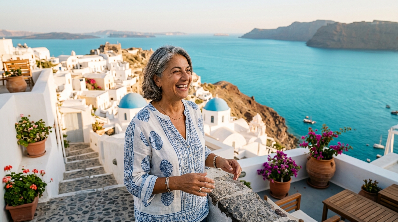 Femme senior profitant du soleil sur une terrasse grecque en octobre