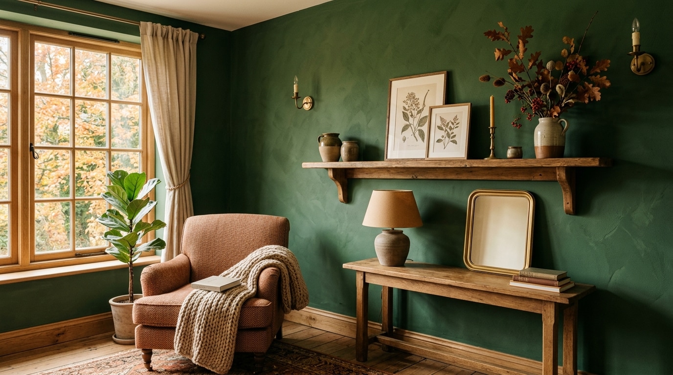 Mur de salon peint en vert cyprès finition velours