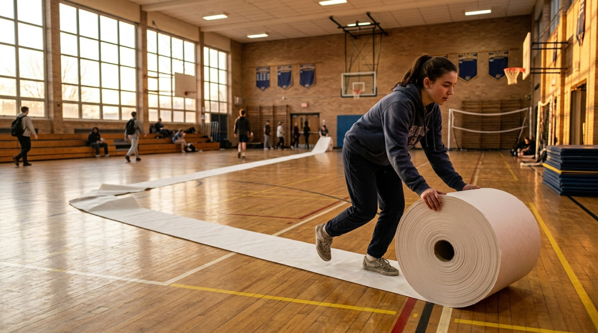 Adolescente déroulant un immense rouleau de papier