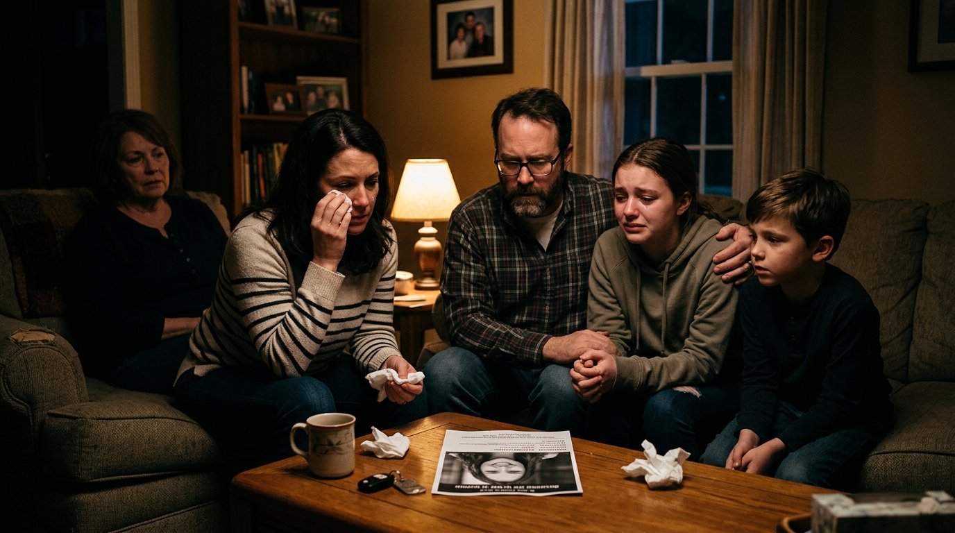 Famille inquiète devant une affiche de disparition
