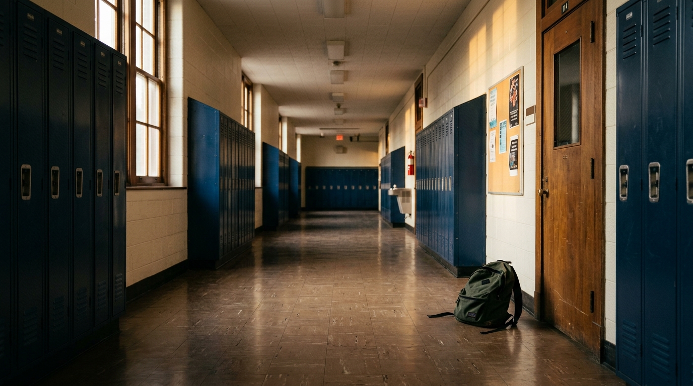 Couloir de lycée américain vide avec sac abandonné