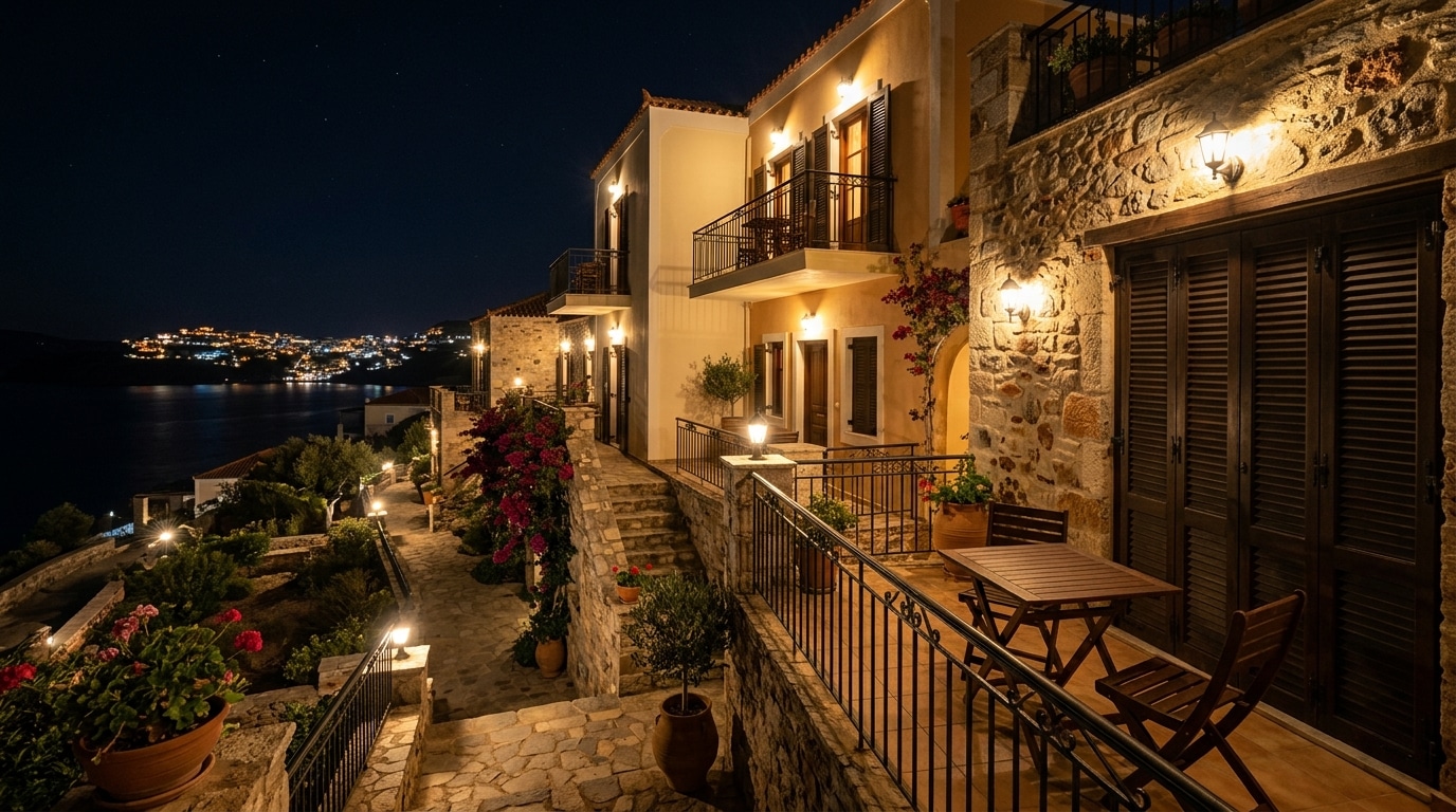 Balcon d'un complexe hôtelier méditerranéen la nuit