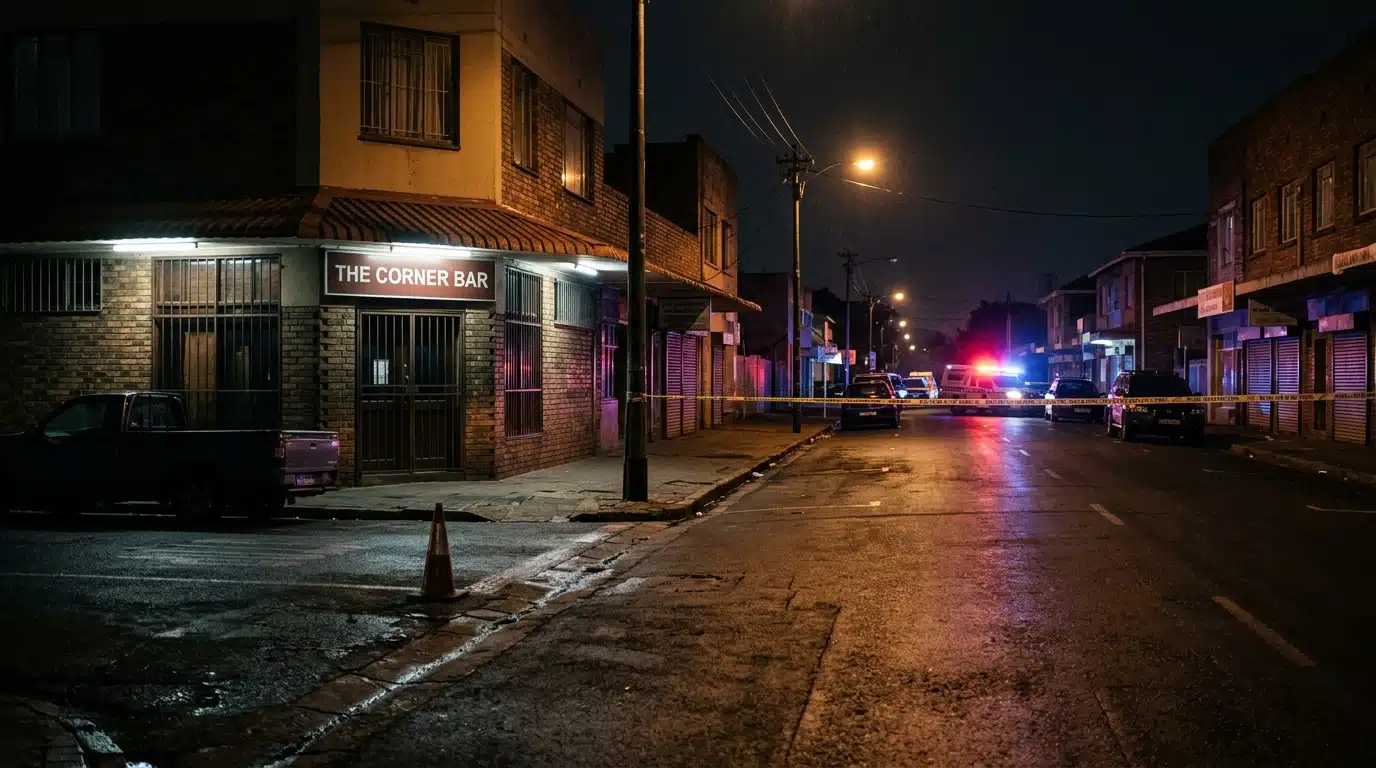 Rue sud-africaine de nuit avec gyrophares de police au loin