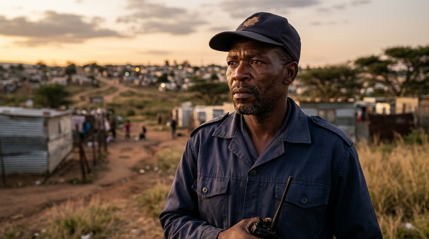 Policier sud-africain au regard grave lors d'une enquête