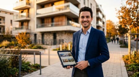 Agent immobilier souriant devant un immeuble à Nancy