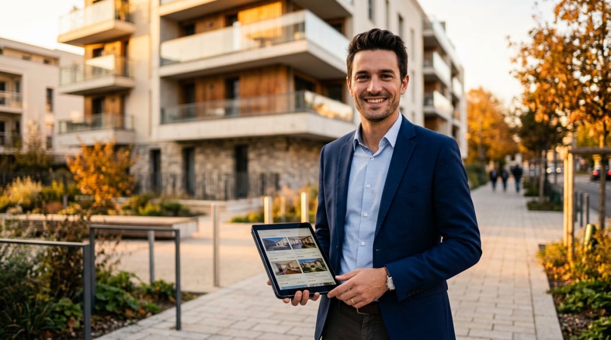 Agent immobilier souriant devant un immeuble à Nancy