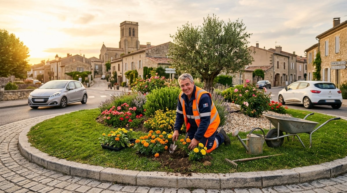 Agent municipal entretenant un rond-point fleuri en France