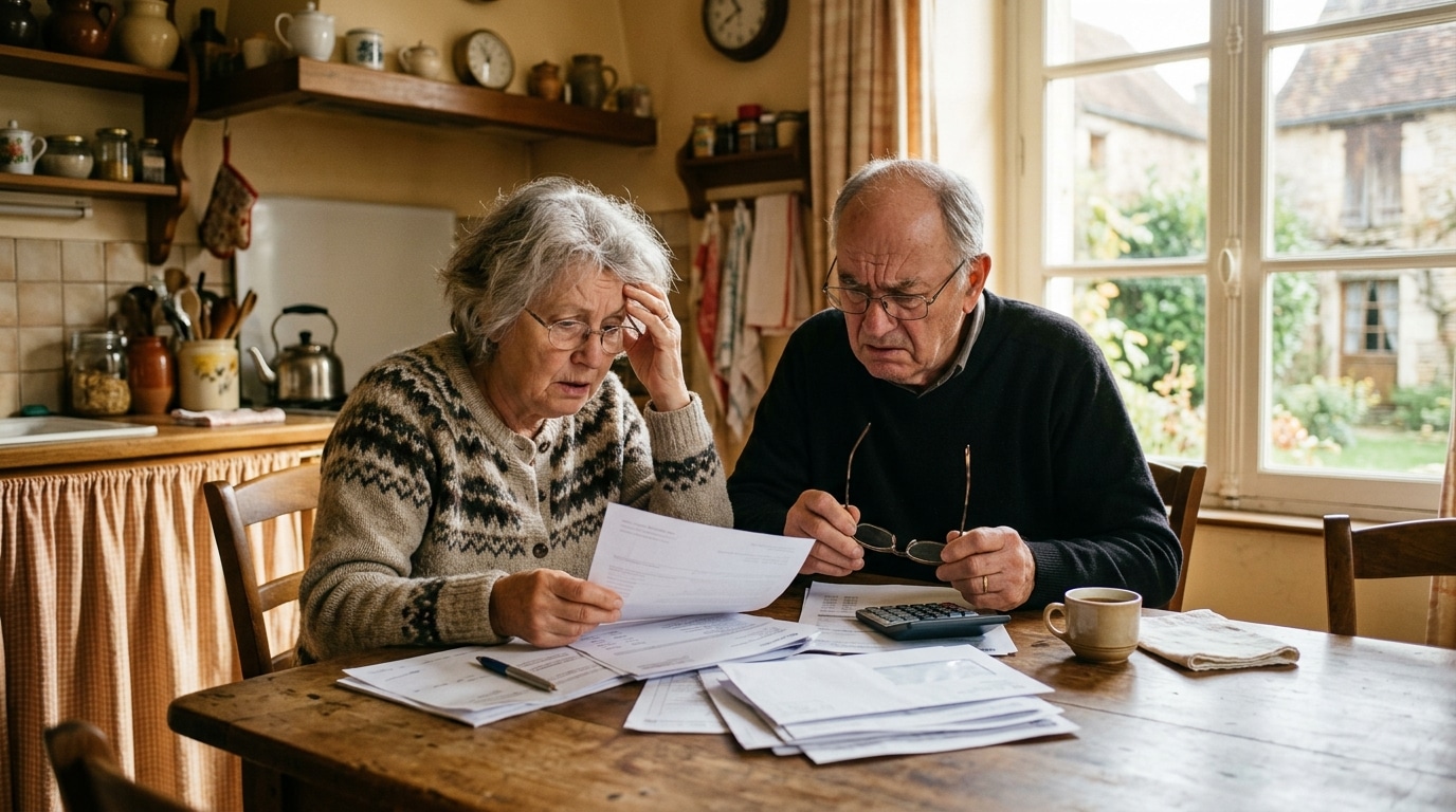 Couple de retraités inquiets vérifiant leurs relevés bancaires