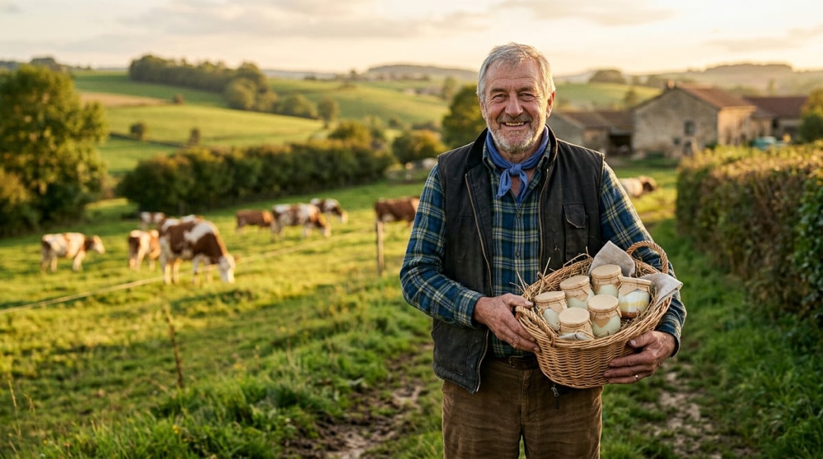 Agriculteur avec des yaourts fermiers en pots de verre
