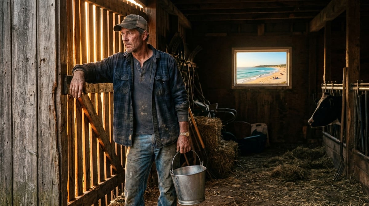 Agriculteur épuisé au coucher de soleil dans une ferme